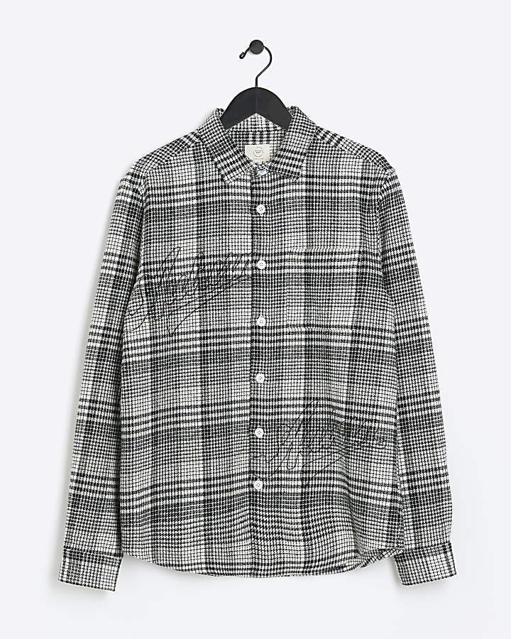 Black regular fit embroidered check shirt