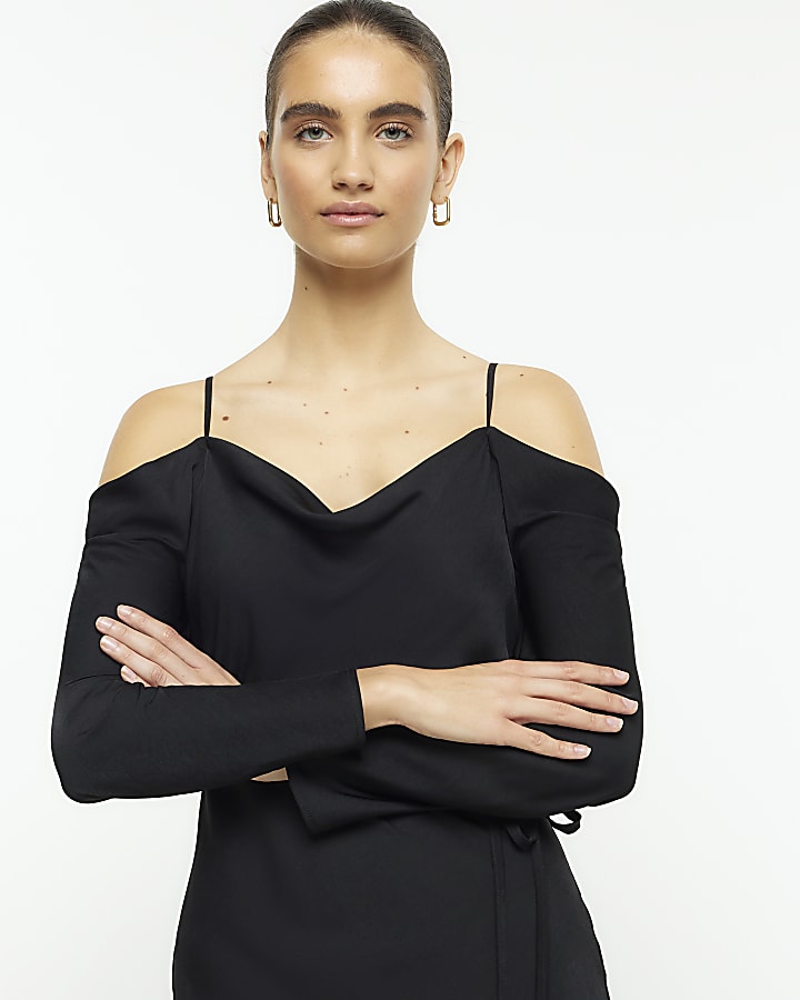 Black cold shoulder slip midi dress