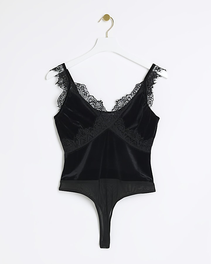 Black velvt lace trim bodysuit