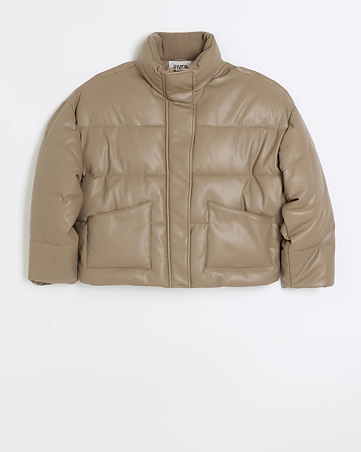 Brown faux leather padded jacket