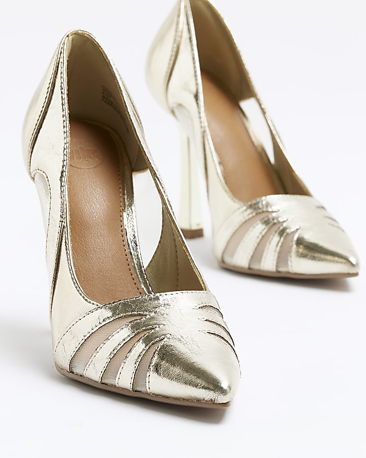 Gold wide fit cut out heeled court shoes