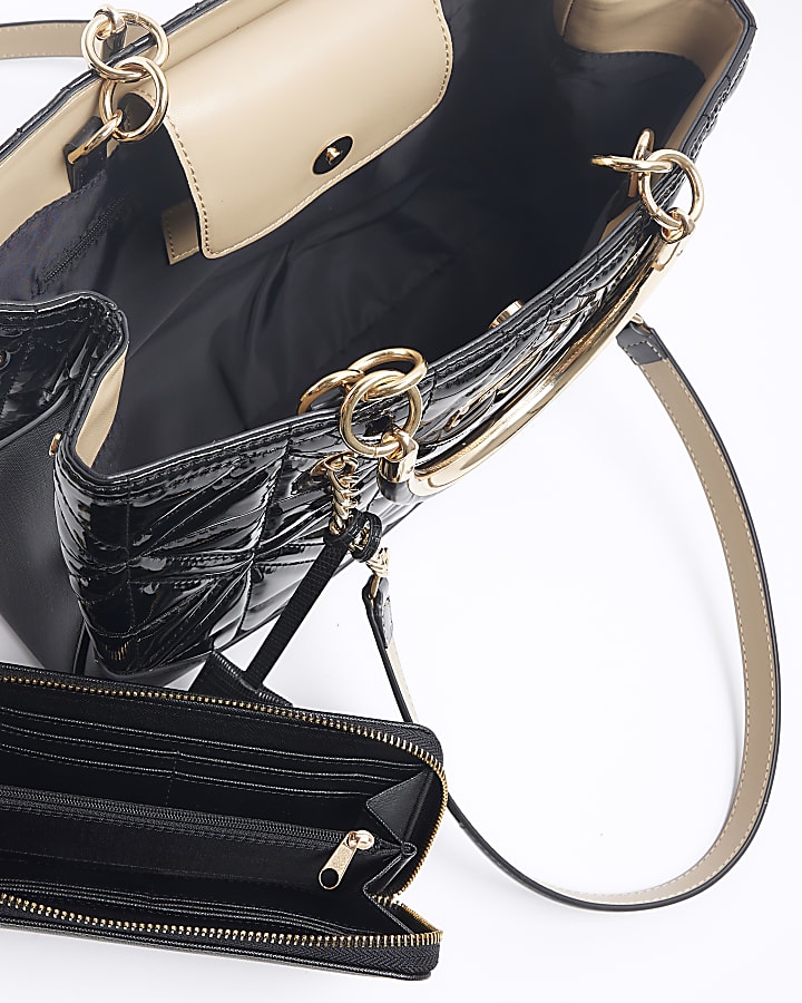 Black quilted chain tote bag and purse