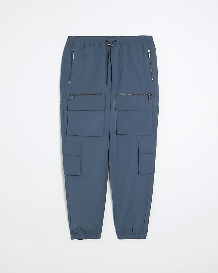 Blue slim fit multi pocket cargo trousers