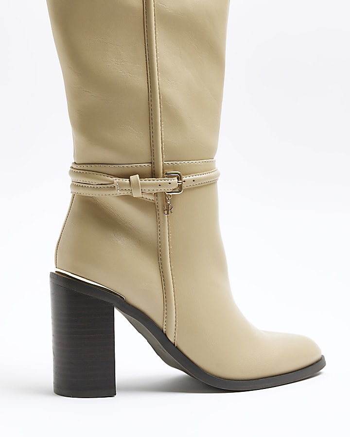 Beige buckle detail heeled knee high boots