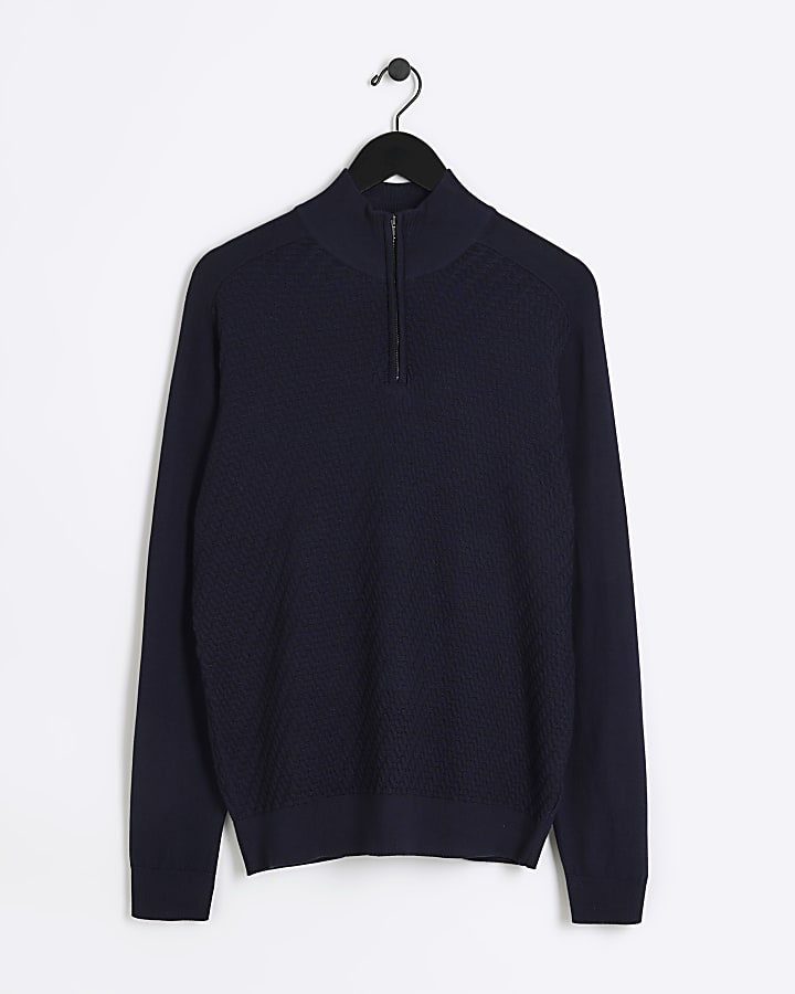 Navy slim fit diagonal half zip jumper