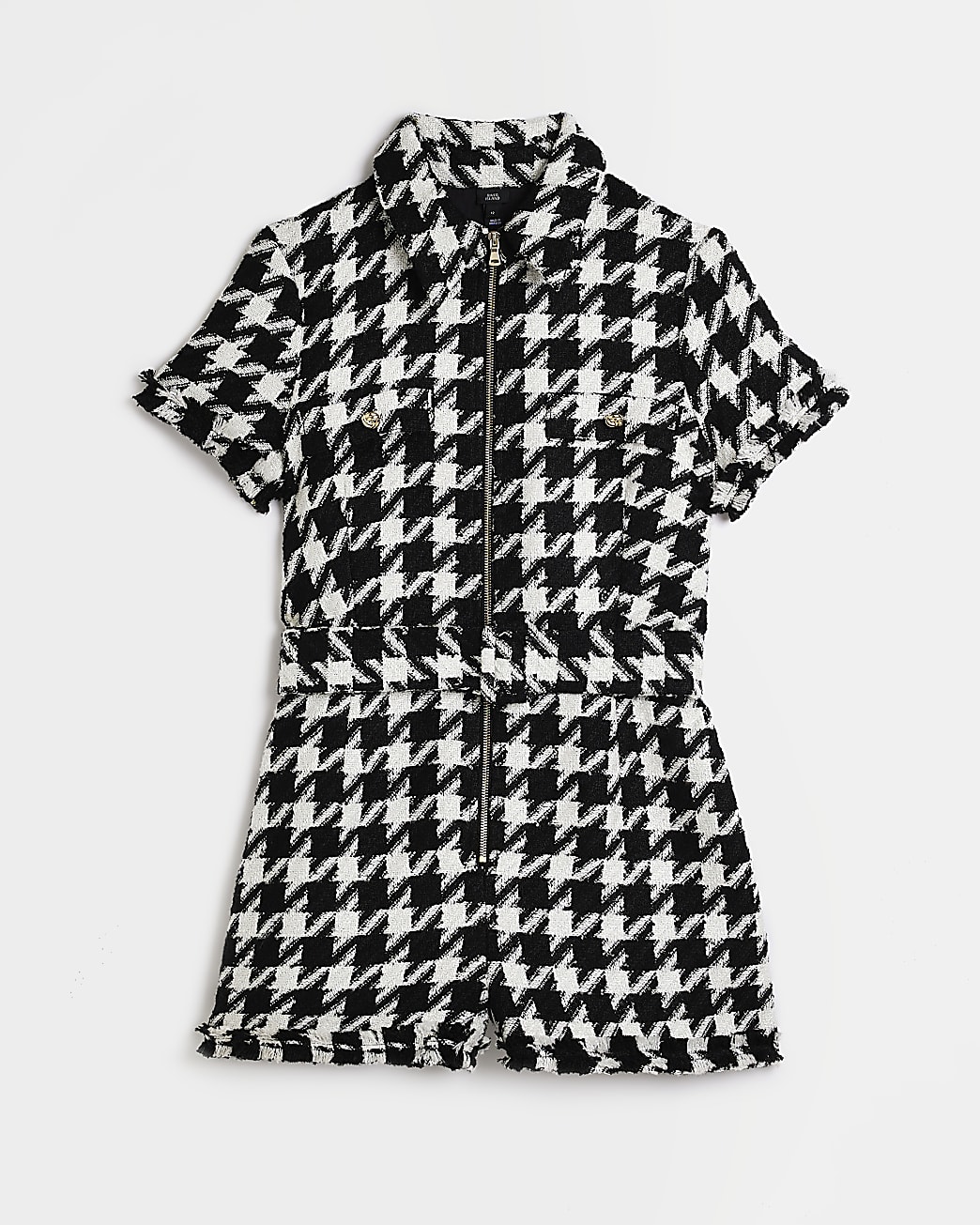 Black dogtooth boucle belted playsuit