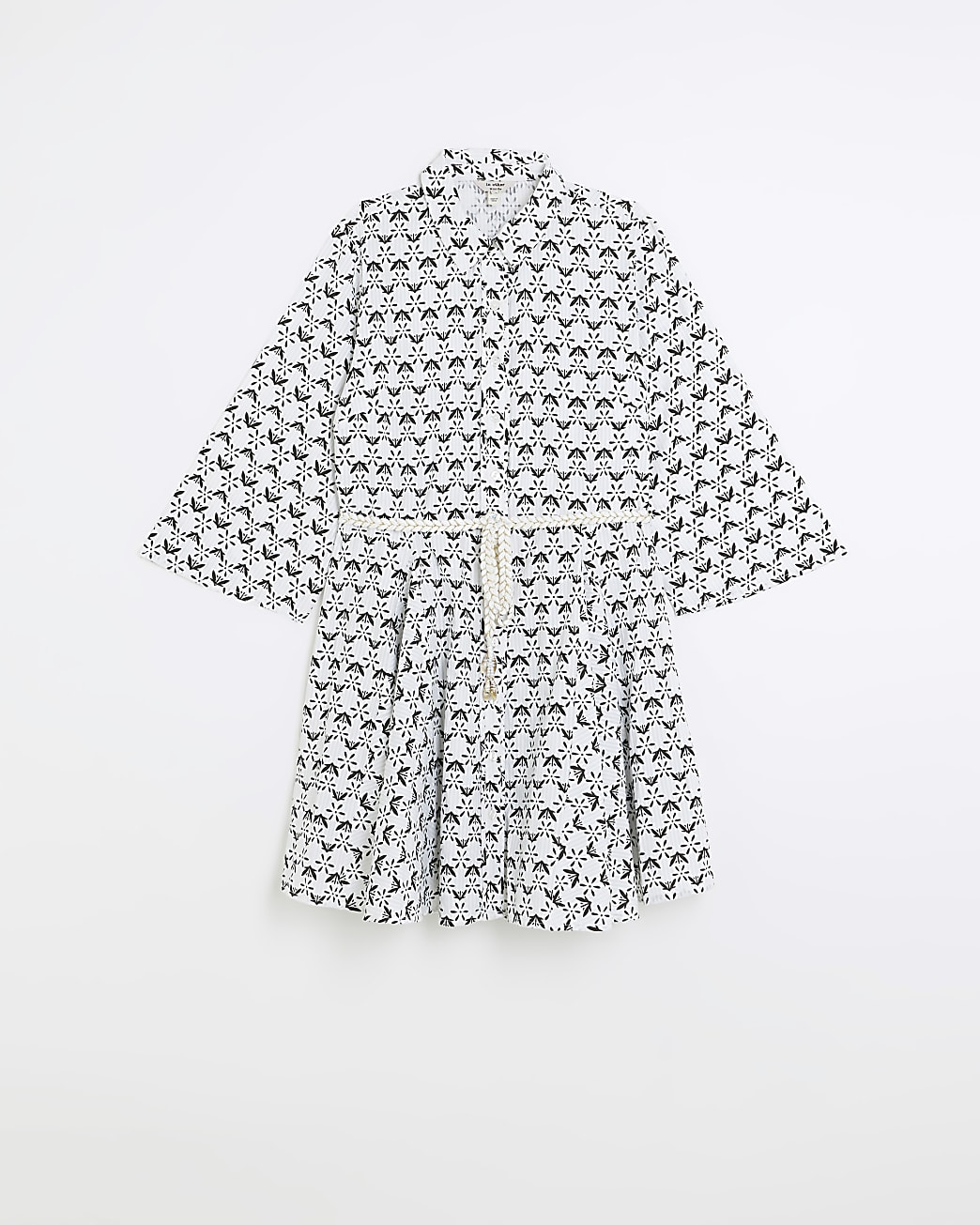 Cream floral tie waist mini shirt dress