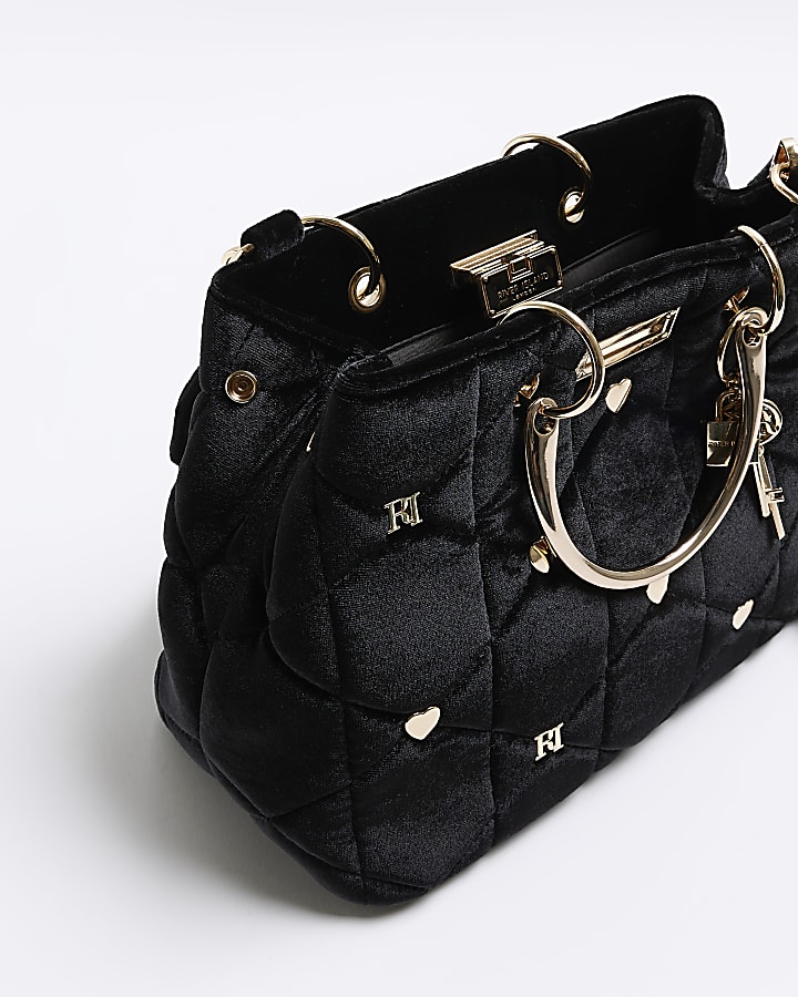 Black velvet heart stud tote bag