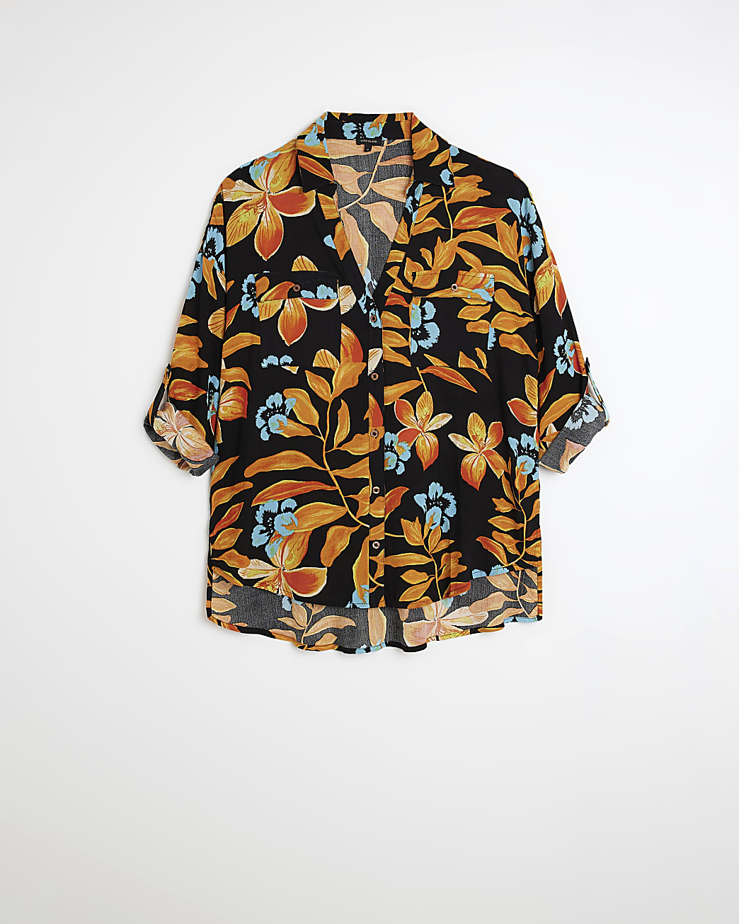 Black Tropical Print Oversized Shirt