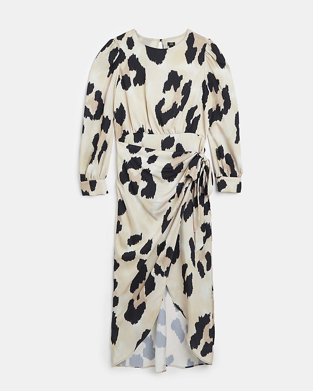 Beige leopard print satin wrap midi dress
