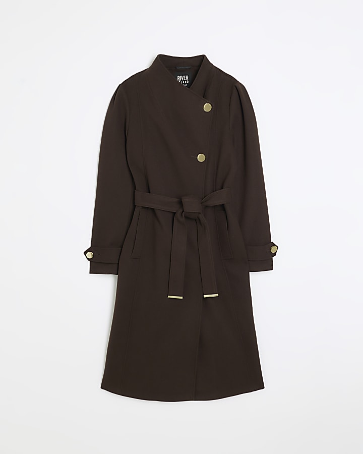 Brown fall away belted wrap coat