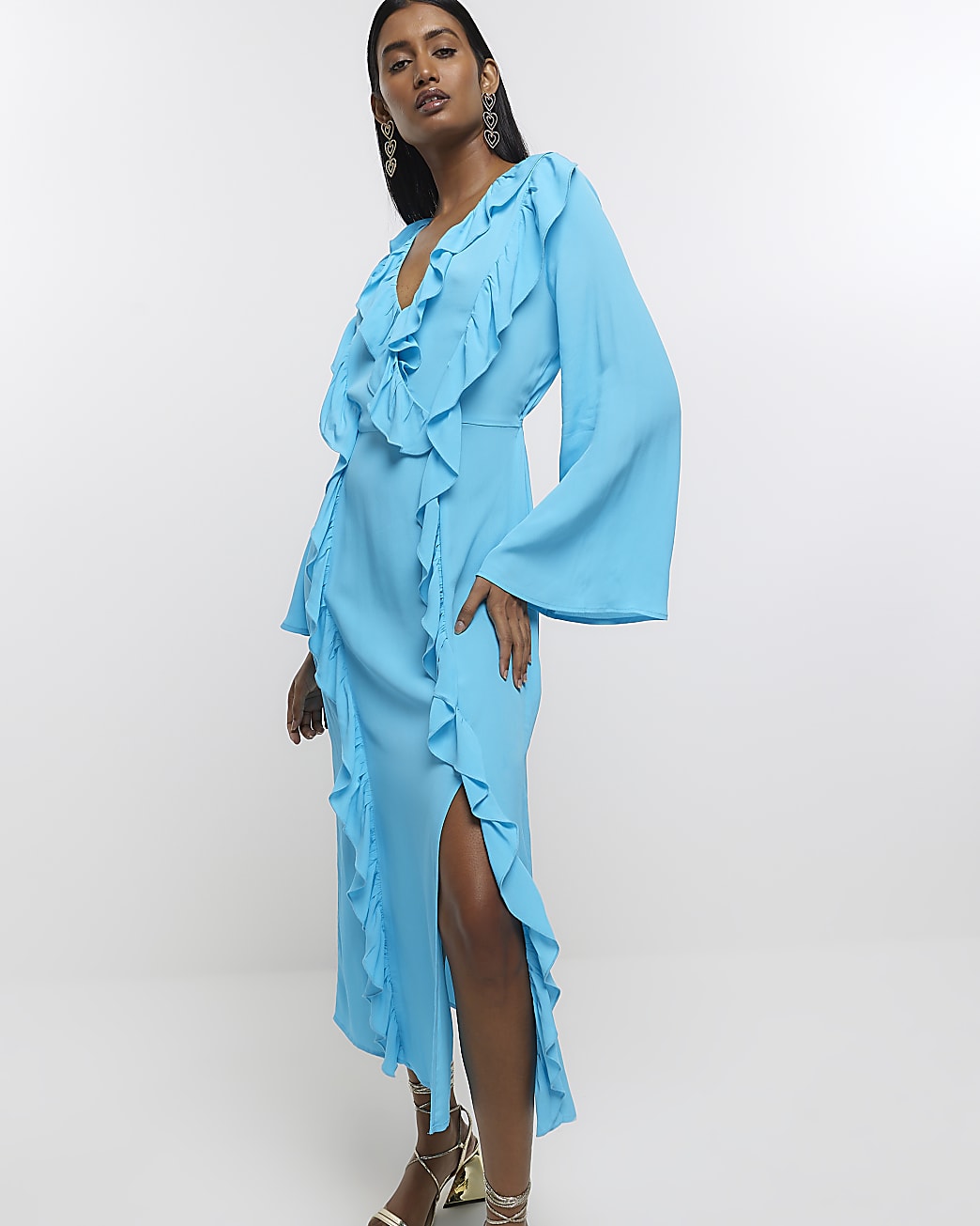Blue frill wrap swing midi dress