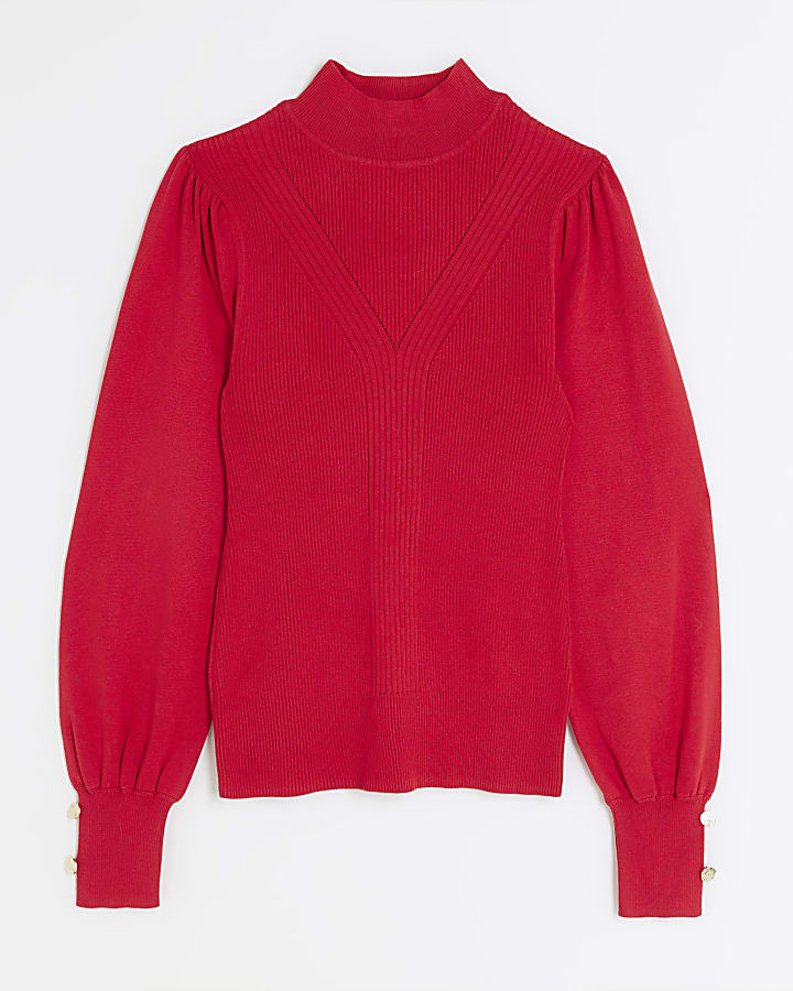 Red rib high neck long sleeve top