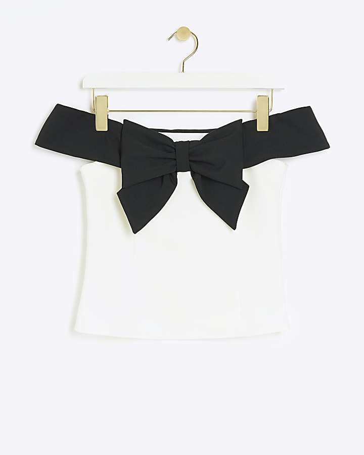 White bow detail bardot top