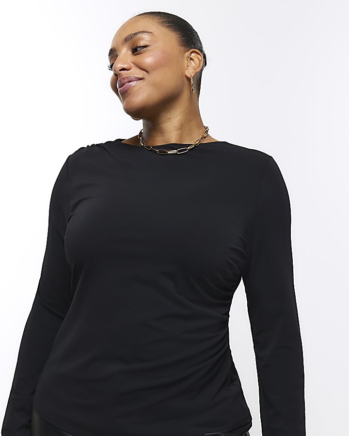 Plus black ruched long sleeve top