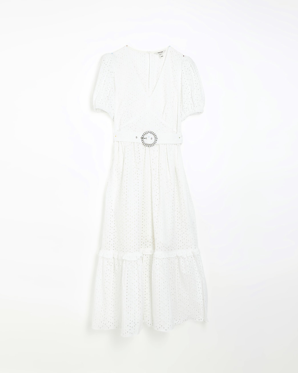 White broderie belted swing midi dress