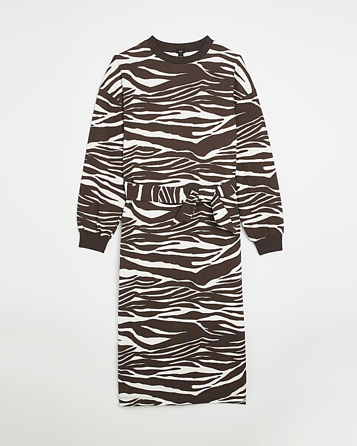 Brown zebra print sweatshirt midi dress