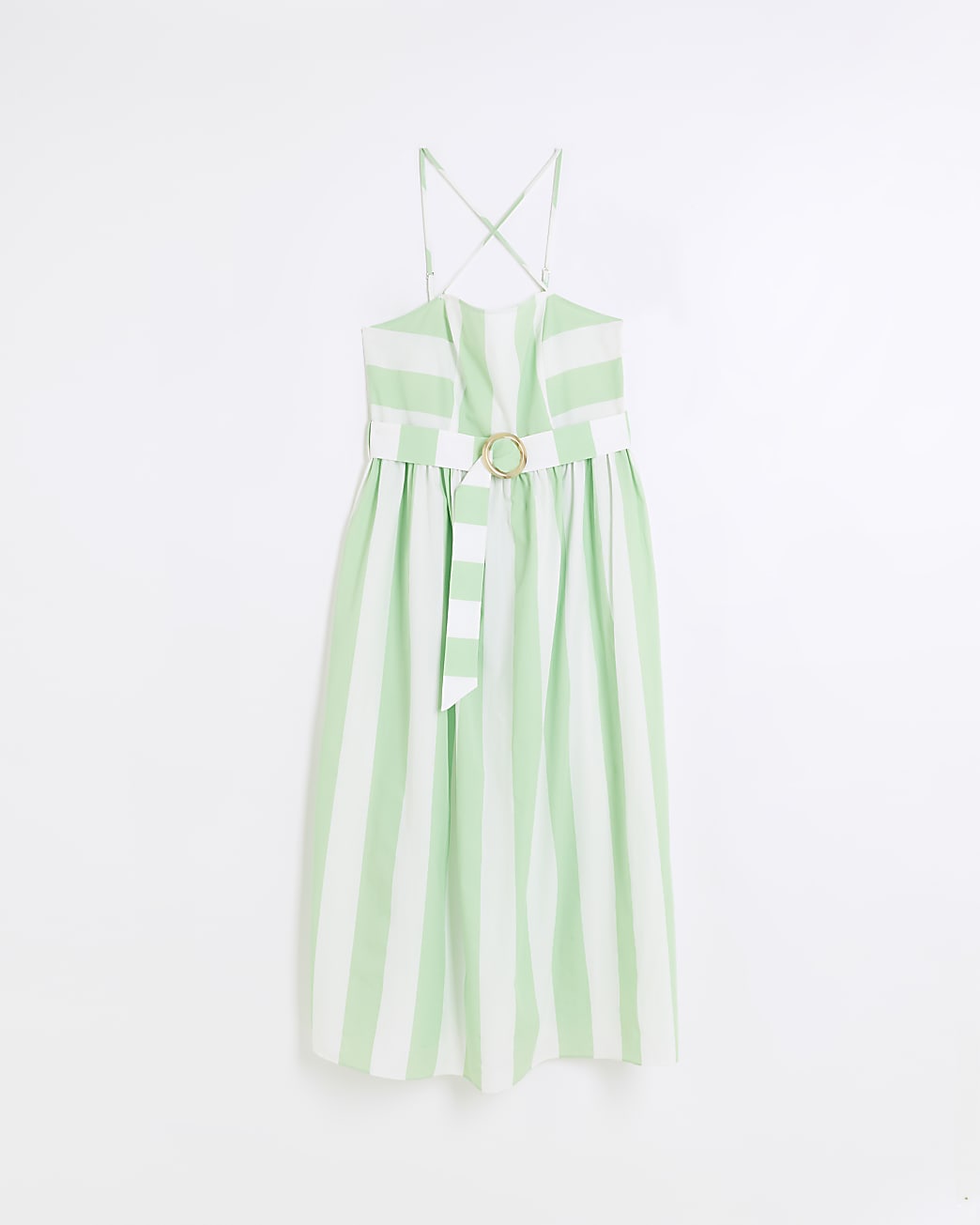 Green striped belted swing midi dress