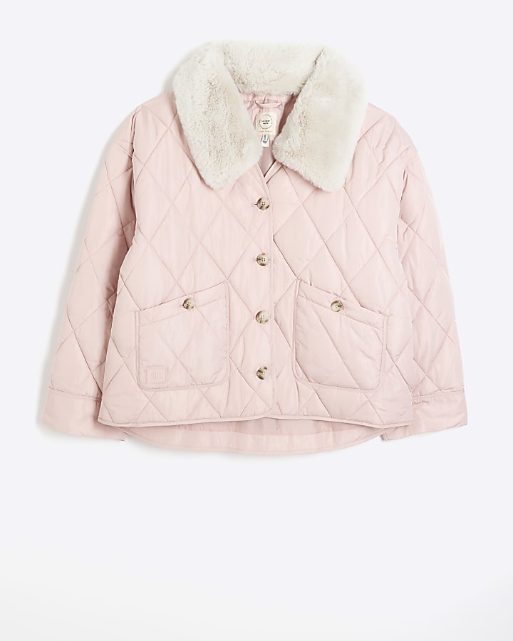 Pink faux fur collar padded jacket