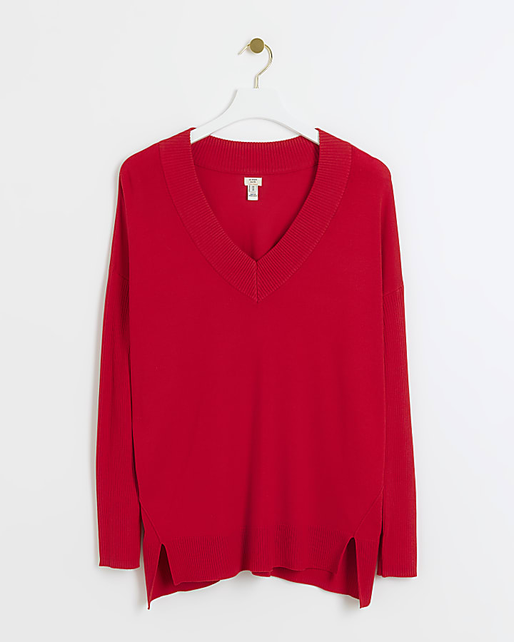 Red V neck fine knit jumper