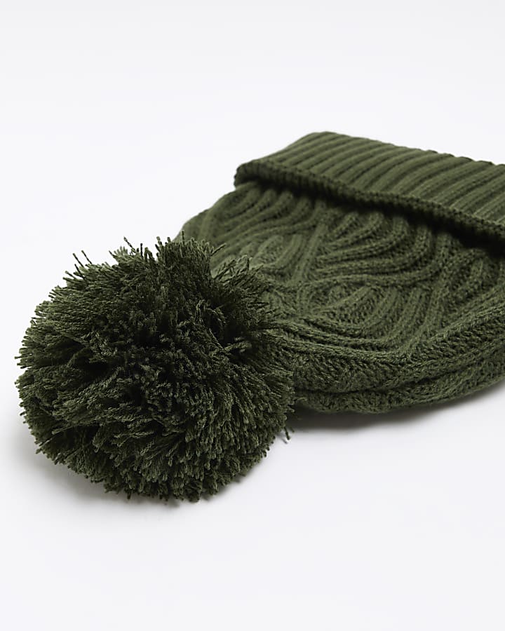 Green cable knit bobble beanie
