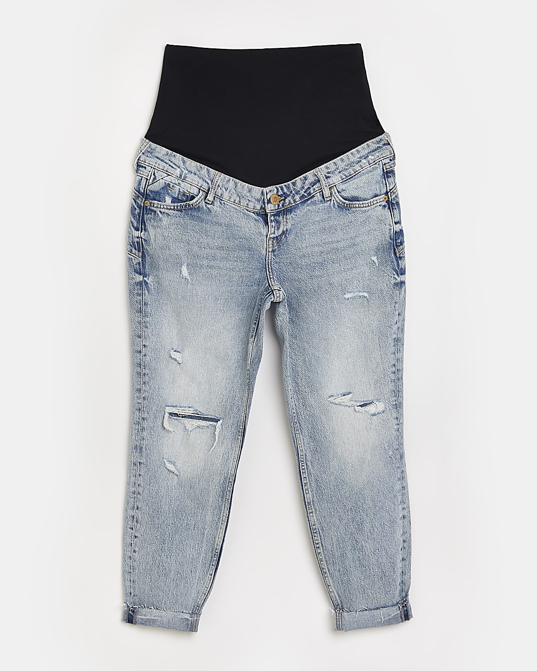 Blue ripped mid rise maternity mom jeans
