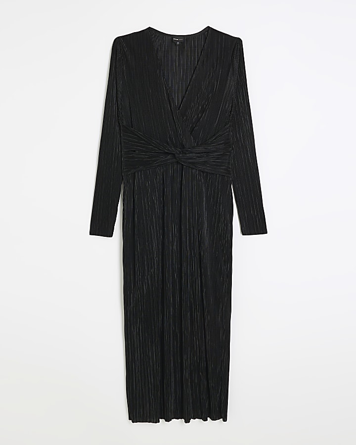 Black front twist plunge plisse midi dress
