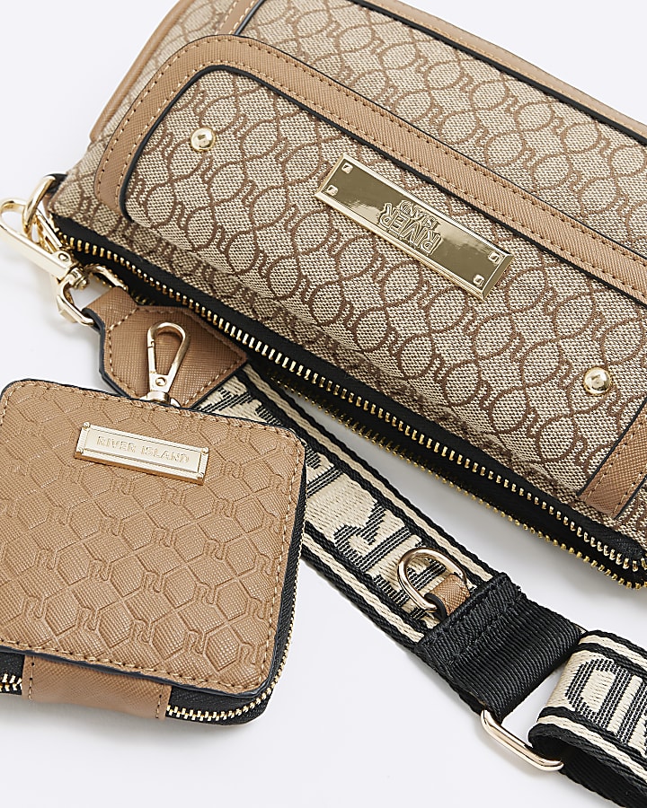 Brown jacquard monogram cross body bag
