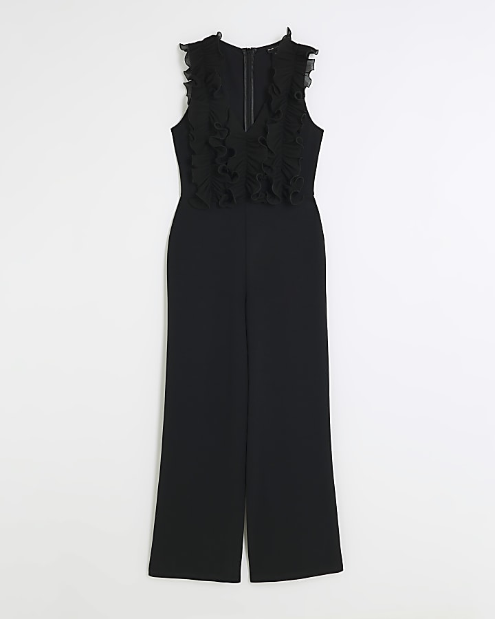 Black frill wide leg jumpsuit