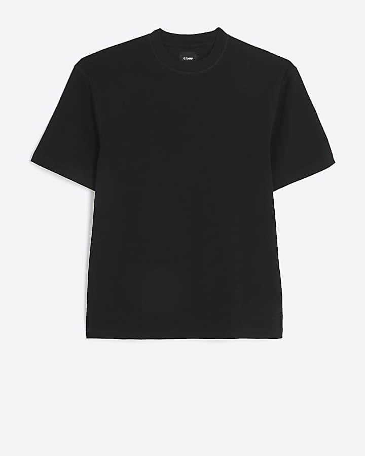 Black regular fit waffle texture t-shirt