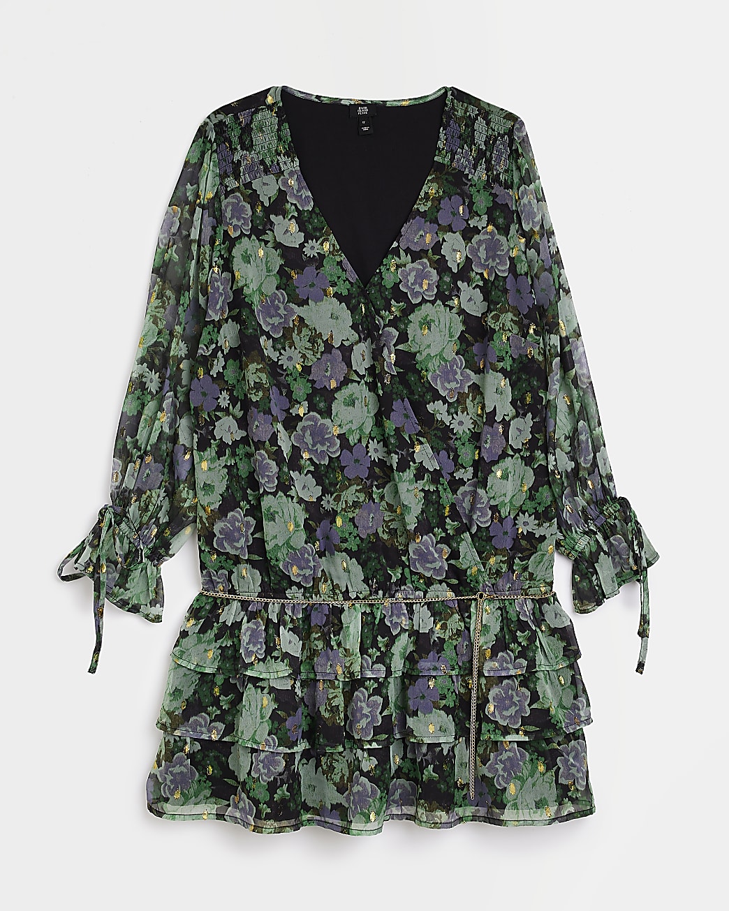 Petite black chiffon floral belted mini dress