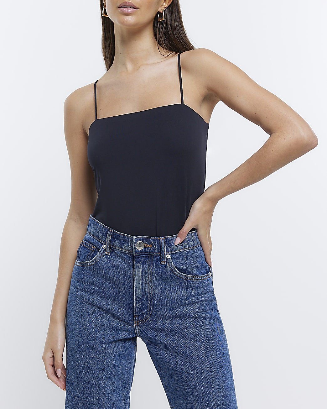 Black square neck bodysuit