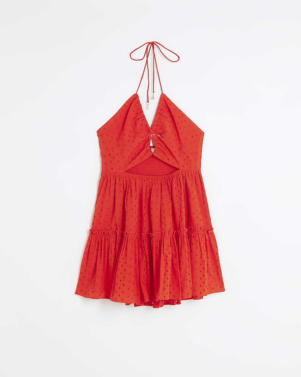 Red broderie cut out beach mini dress