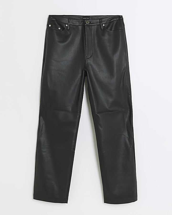 Petite black faux leather straight trousers