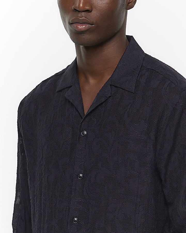 Navy regular fit jacquard lace shirt