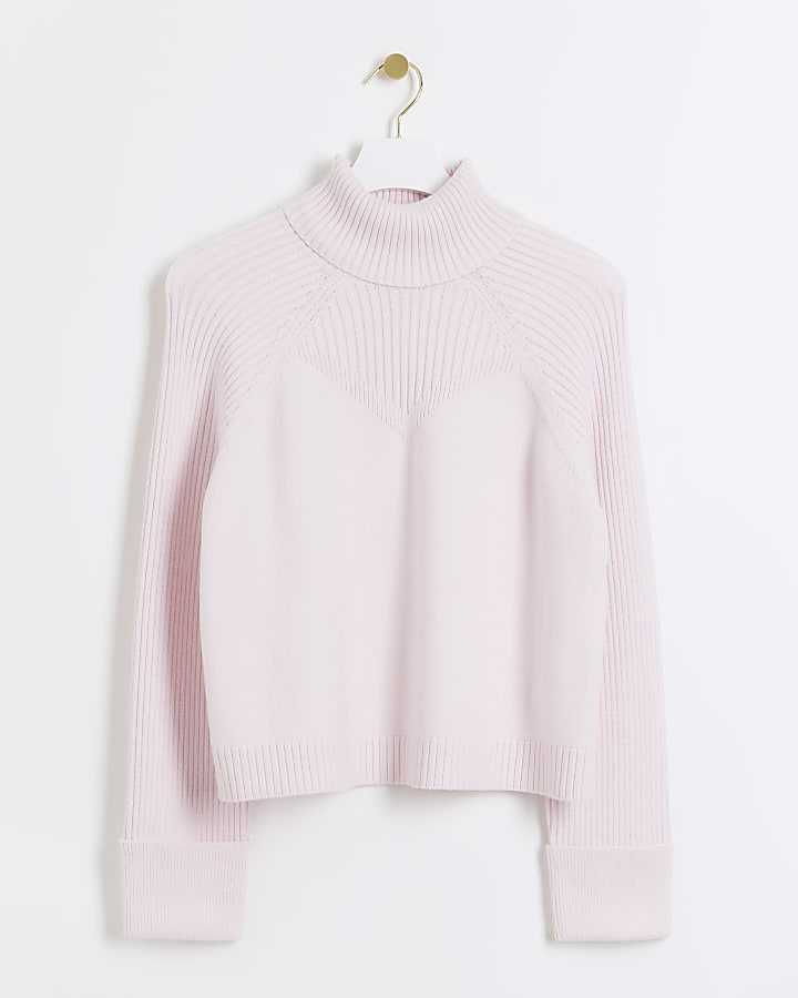 Pink rib roll neck jumper