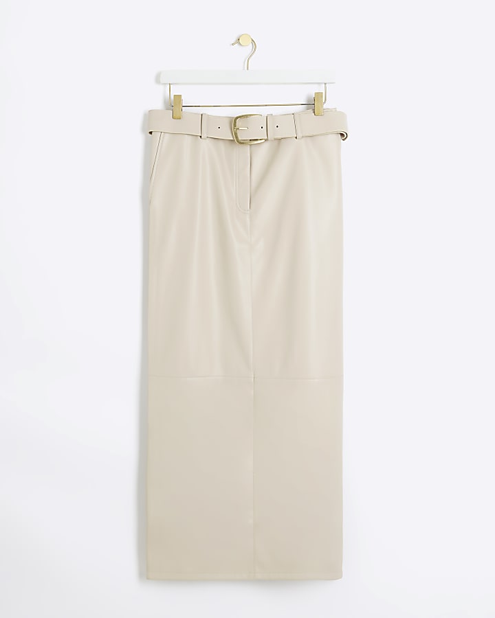 Cream faux leather belted midi skirt