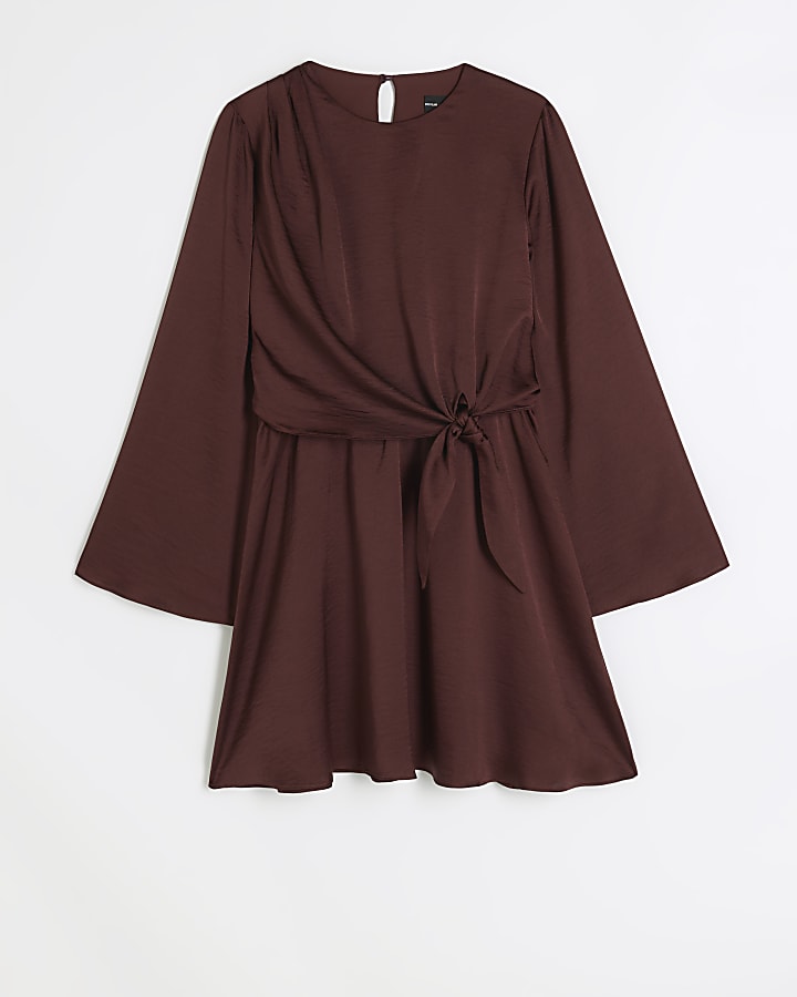 Brown Front Knot Mini Dress