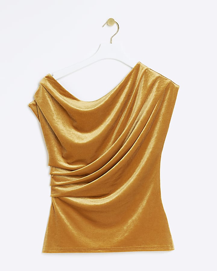Yellow velvet drape asymmetric top