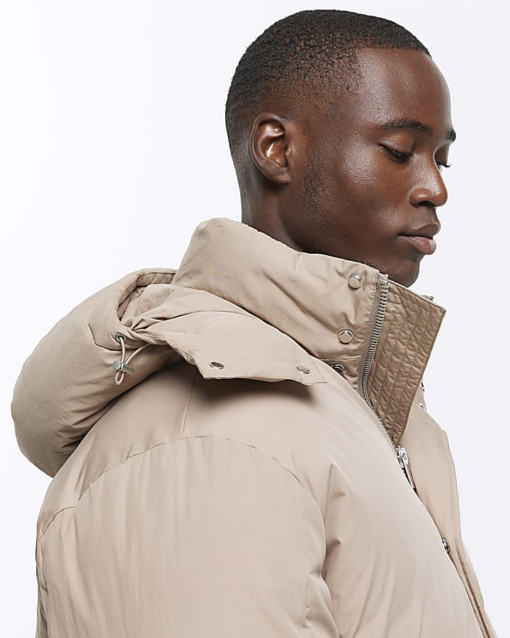 Brown regular fit hooded parka puffer jacket