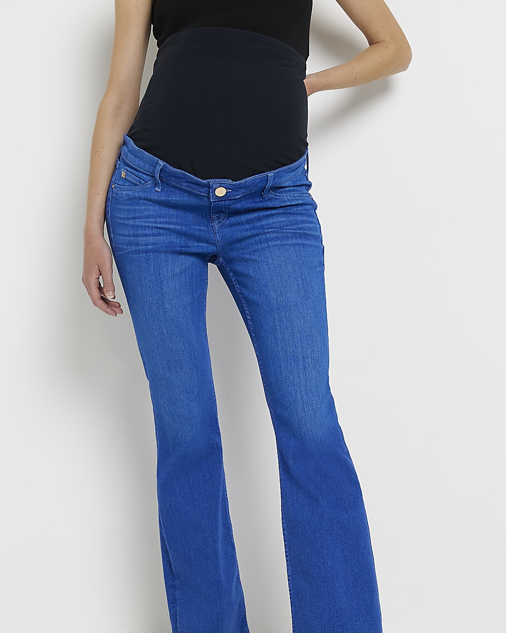 Blue mid rise maternity flared jeans