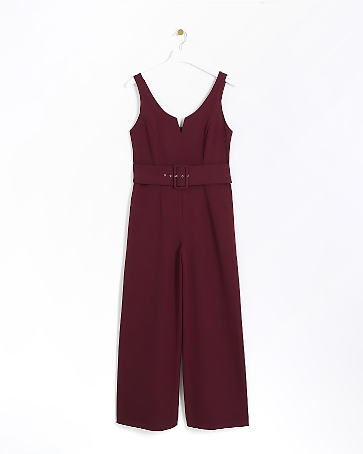 Red belted wide leg jumpsuit