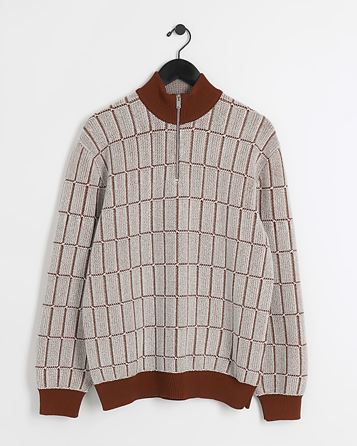 Rust slim fit check funnel jumper