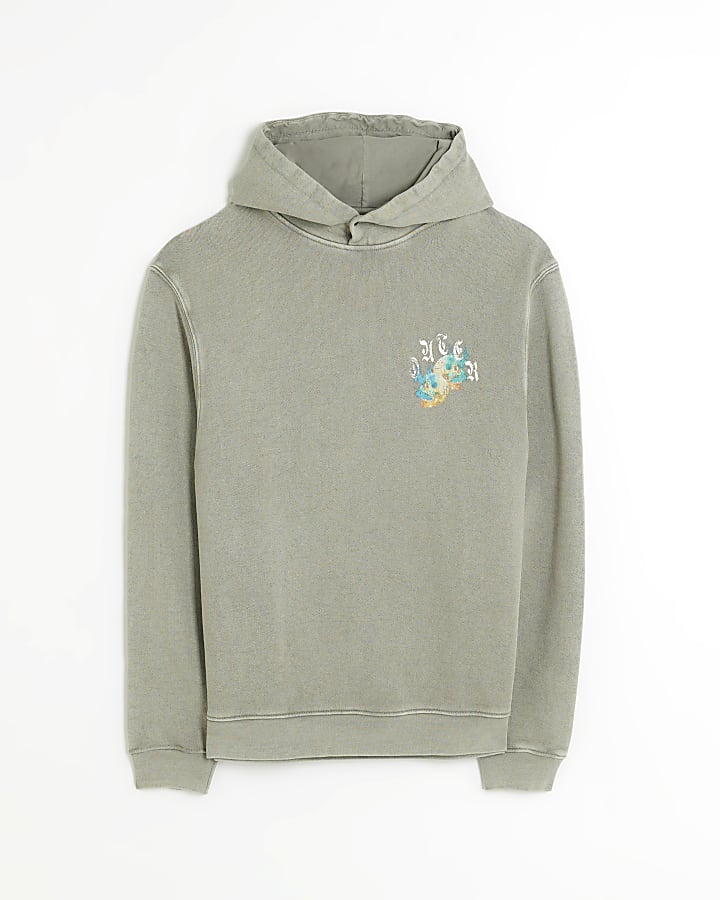 Washed grey regular fit graphic skull hoodie