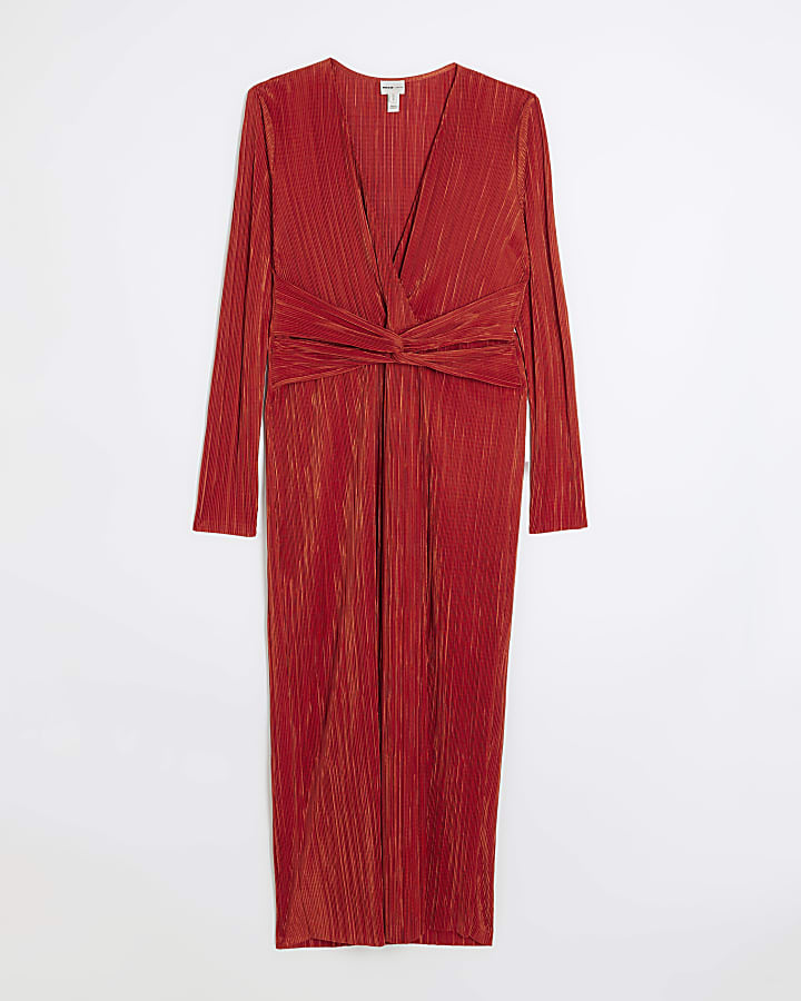 Red front twist plunge plisse midi dress