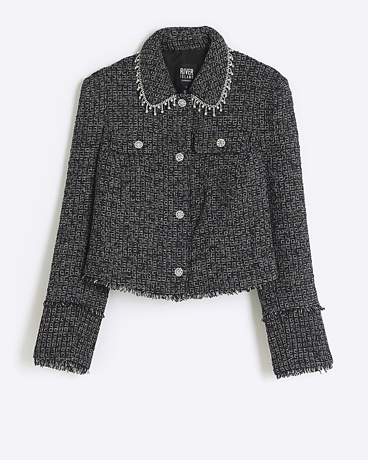 Black boucle diamante collar blazer