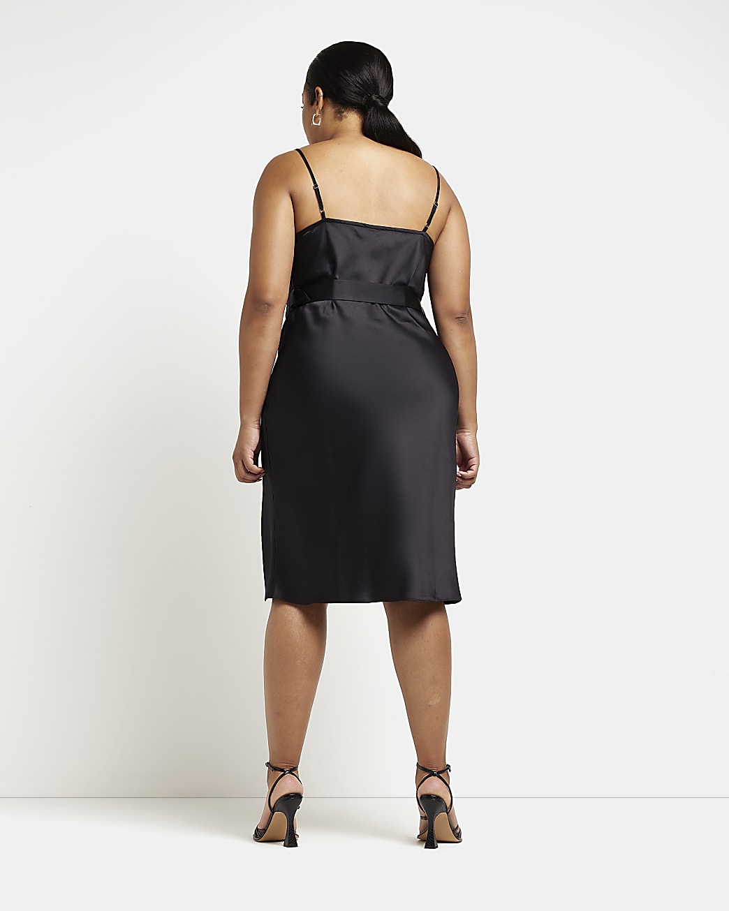 Plus black satin slip midi dress