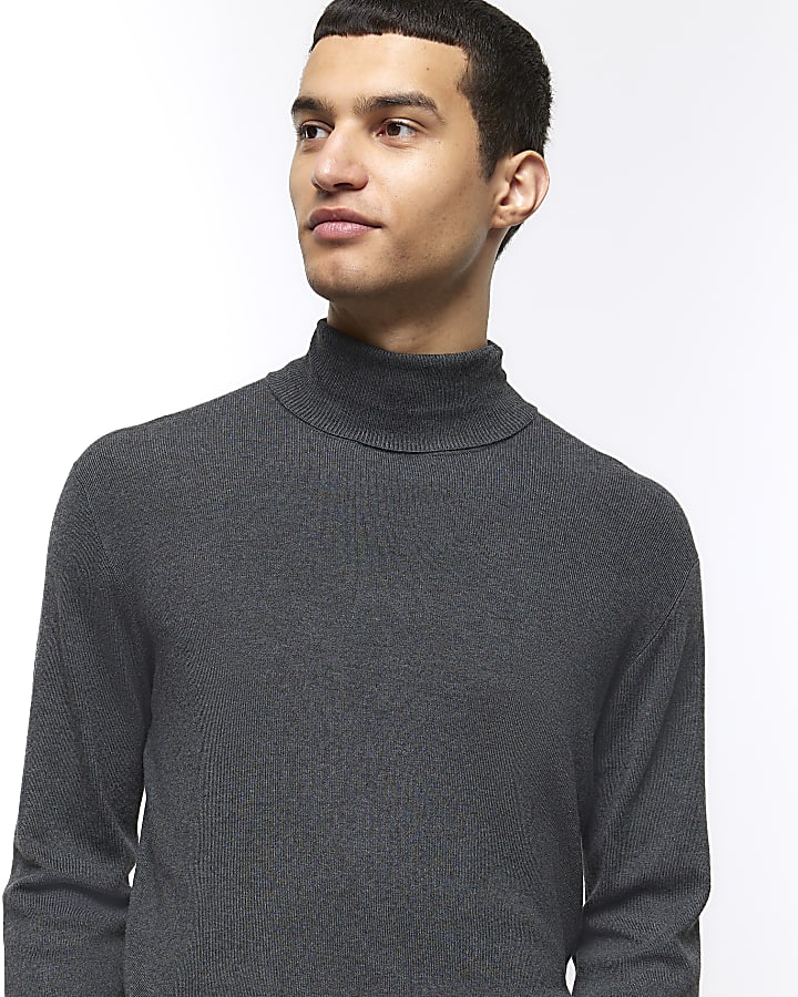 Grey slim fit rolled neck jumper