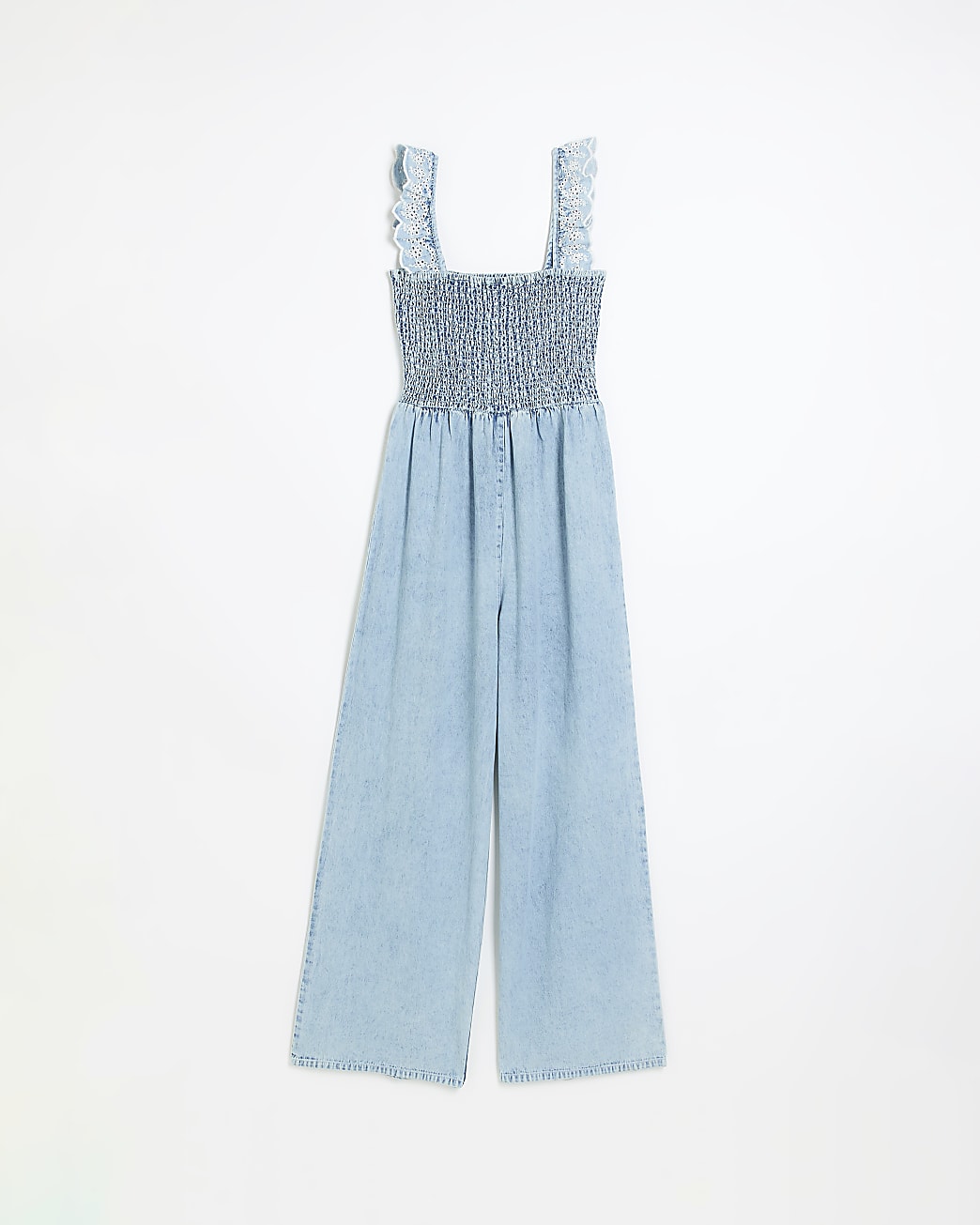 Blue denim shirred jumpsuit