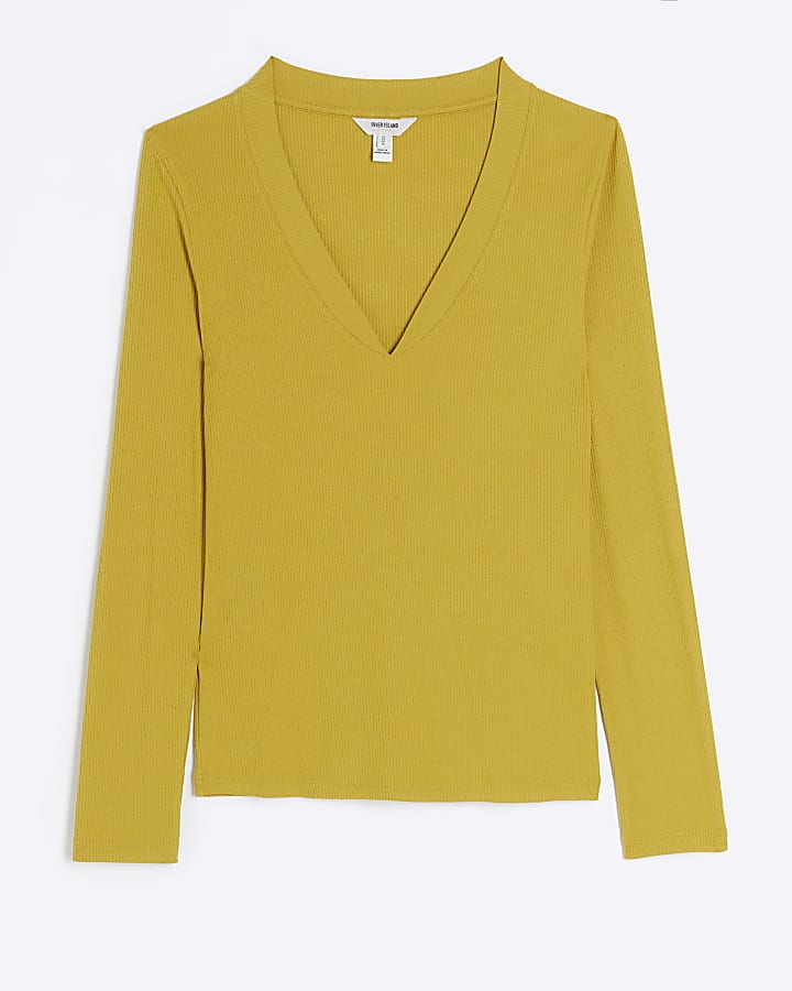 Yellow rib v-neck long sleeve top
